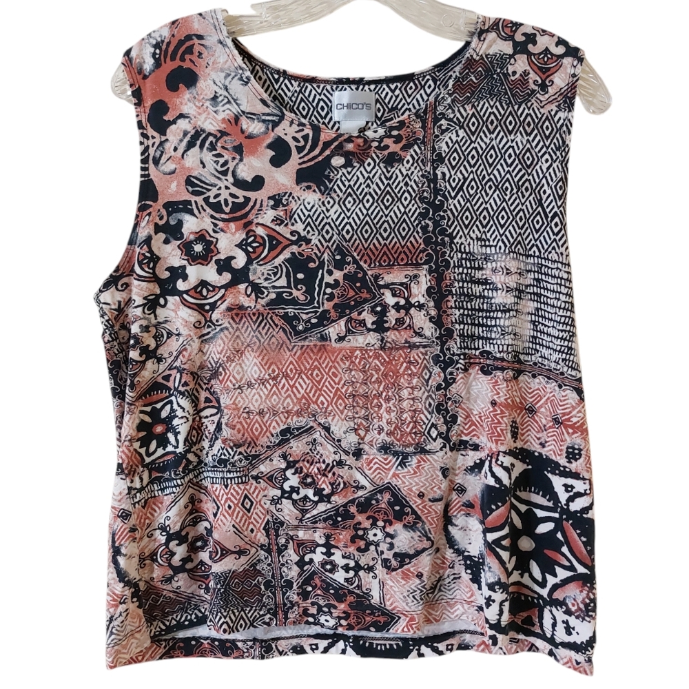 Chico's Womens Neutral Tan Abstract Geo Print Sleeveless Tank Top Blouse